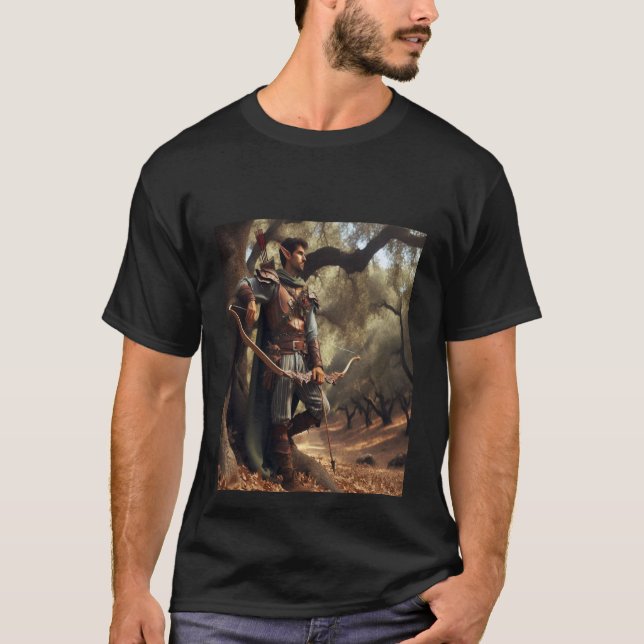 Camiseta Fantasy Elf Archer Descansa na Floresta de Carvalh (Frente)