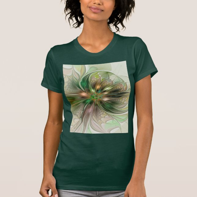 Camiseta Fantasy Moderna Abstrato, Flor Fractal Colorida (Frente)