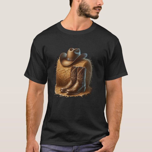 Camiseta Fardo de Feno com Chapéu de Cowboy e Botas de Cowb (Frente)