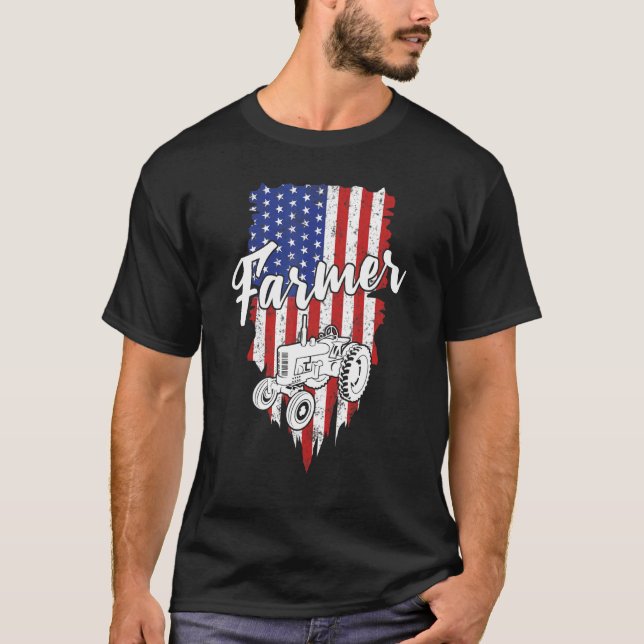 Camiseta Farmer American Flag Retro Farming Trator Usa Pat (Frente)