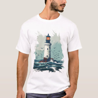 Camiseta Farol Brilhando Sobre as Ondas - Arte Minimalista