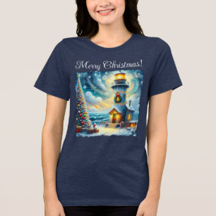 Camiseta Farol de Árvore de Natal Azul Costeiro Náutico