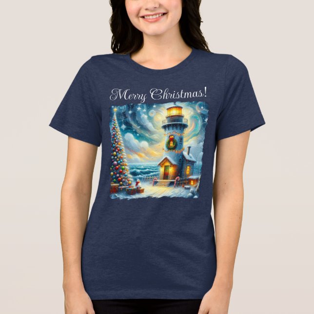 Camiseta Farol de Árvore de Natal Azul Costeiro Náutico (Frente)