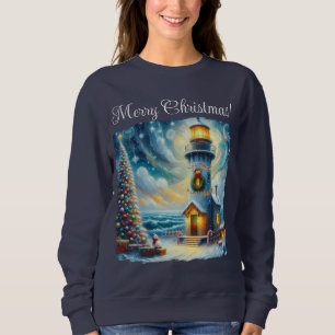 Camiseta Farol de Árvore de Natal Azul Costeiro Náutico