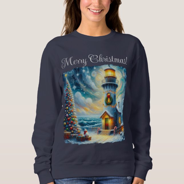 Camiseta Farol de Árvore de Natal Azul Costeiro Náutico (Frente)