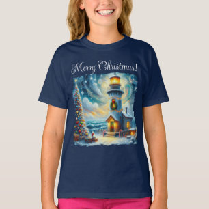 Camiseta Farol de Árvore de Natal Azul Costeiro Náutico