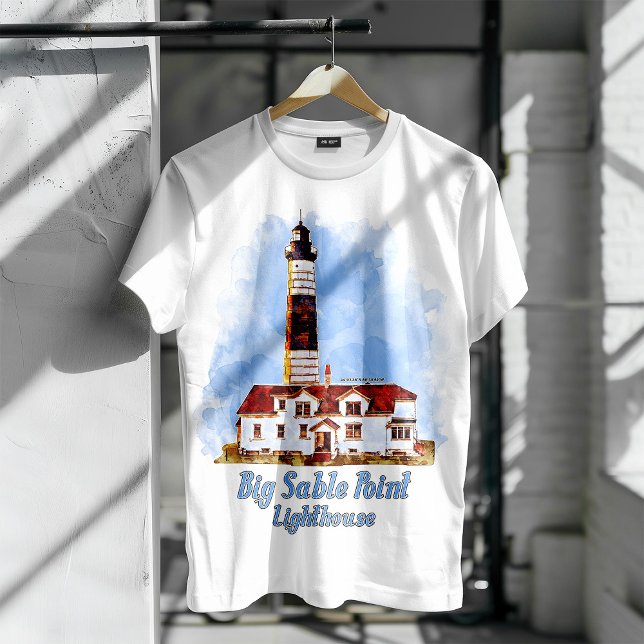Camiseta Farol de Big Sable Point Aquarela - Michigan (Big Sable Point Lighthouse Watercolor - Michigan. Men Basic White T-Shirt)