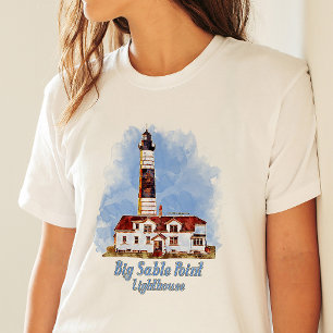 Camiseta Farol de Big Sable Point Aquarela - Michigan