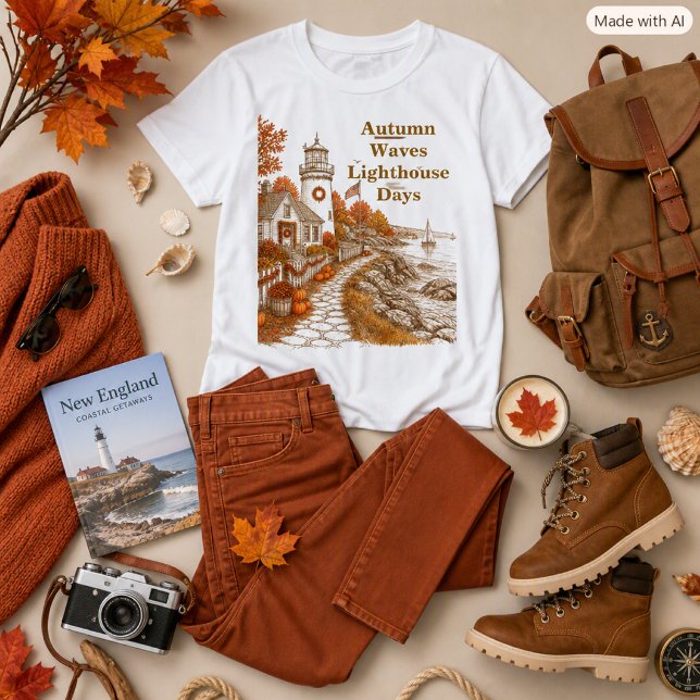 Camiseta Farol de Outono Estilo Costeiro Marrom Laranja  (Criador carregado)