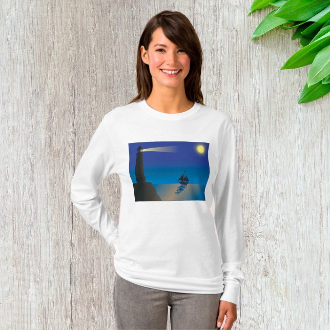 Camiseta Farol e veleiro no Oceano Luar Noturno (Criador carregado)