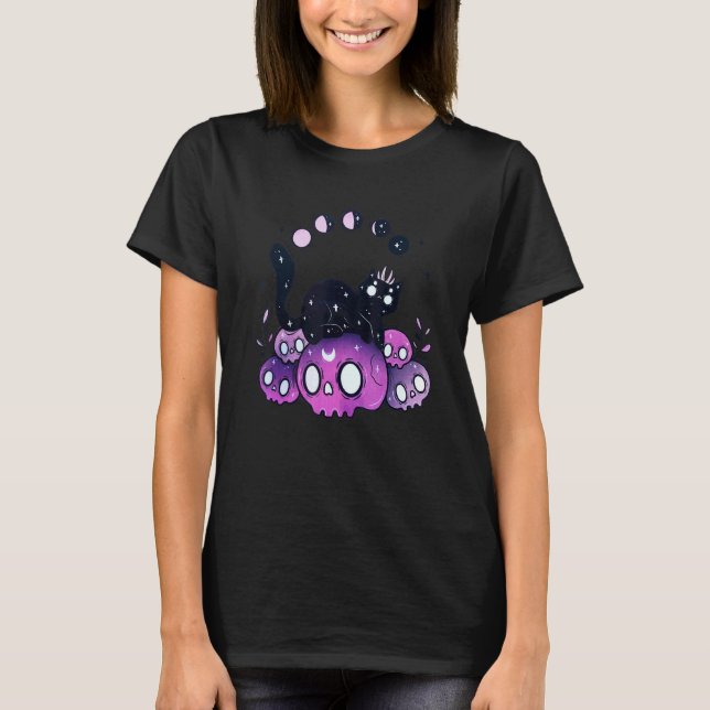 Camiseta Fase da Lua de Gato Bruxa Caveiras Fantasia de Hal (Frente)