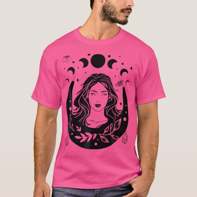Camiseta Fases Celestiais Da Lua E Garota Mística Boho Wicc (Frente)
