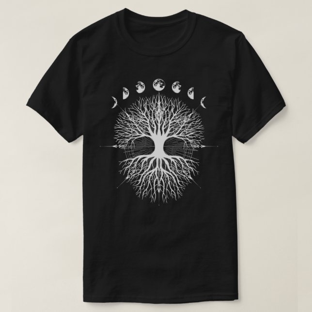 Camiseta Fases da Árvore da Lua da Vida Mística Zen Yoga (Frente do Design)