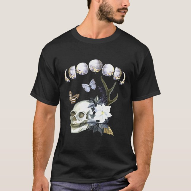 Camiseta Fases Da Lua Do Crânio Floral Da Lua (Frente)