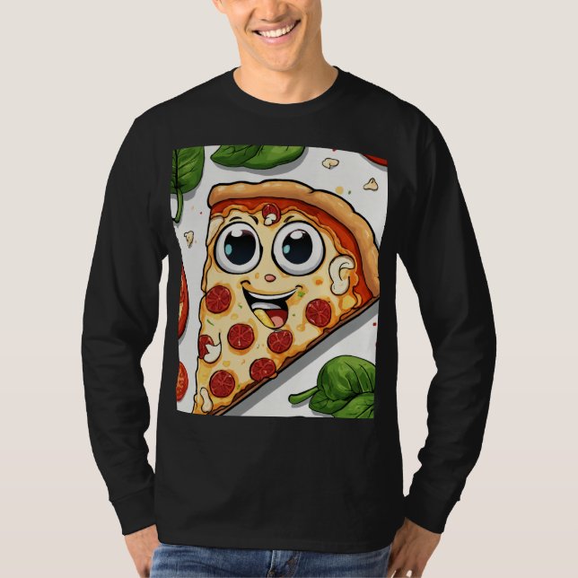 Camiseta Fatia de Pizza de Desenho Animado Sorridente e Fof (Frente)