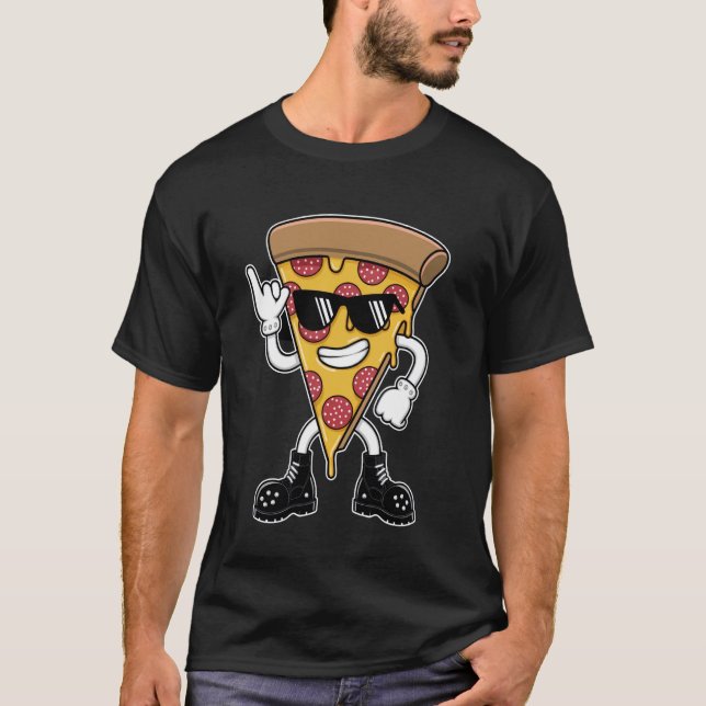 Camiseta Fatia de Pizza Rebelde Com Gesto de Rock-On (Frente)