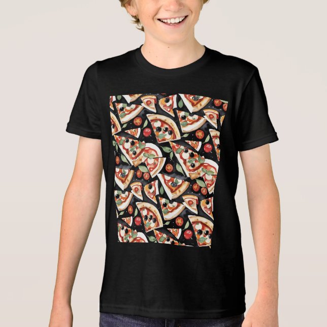 Camiseta Fatias De abstrato Pizza Num Fundo Preto (Frente)