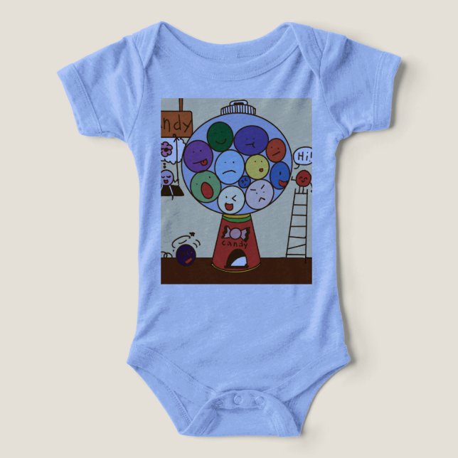 Camiseta "Fato de bebê azul com balão colorido Illustra (Design frontal)