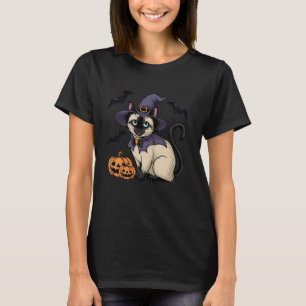 Camiseta Fato de Bruxa Abóbora Morcego Gato Siamês Hallowee