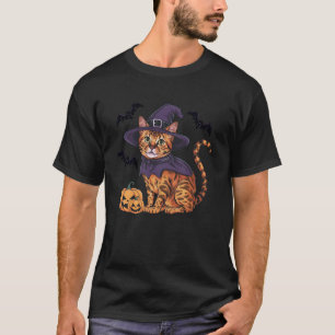 Camiseta Fato de Bruxa Morcego Abóbora Gato Bengal Hallowee