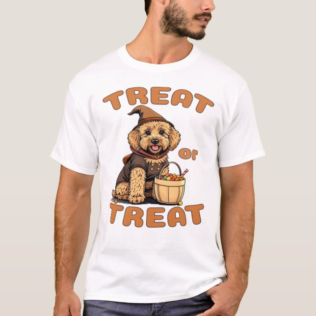 Camiseta Fato de Cachorro de Halloween Labradoodle "Doce ou (Frente)