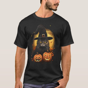 Camiseta Fato de Gato de Halloween com Chapéu de Bruxa e Ab