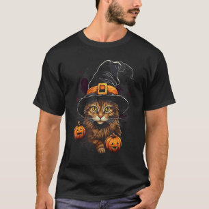 Camiseta Fato de Gato de Halloween Maine Coon Chapéu de Bru