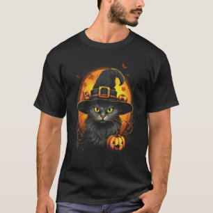 Camiseta Fato de Gato do Halloween Chapéu de Bruxa Gato Pre