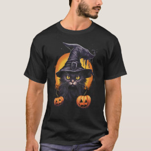 Camiseta Fato de Gato Preto de Halloween, Chapéu de Bruxa,
