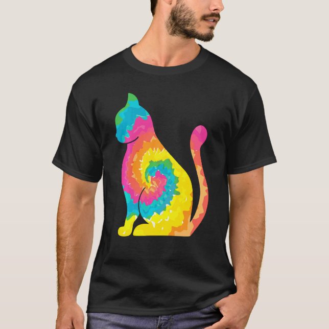 Camiseta Fato de Gato Tie Dye Arco-íris Hippie Temático (Frente)