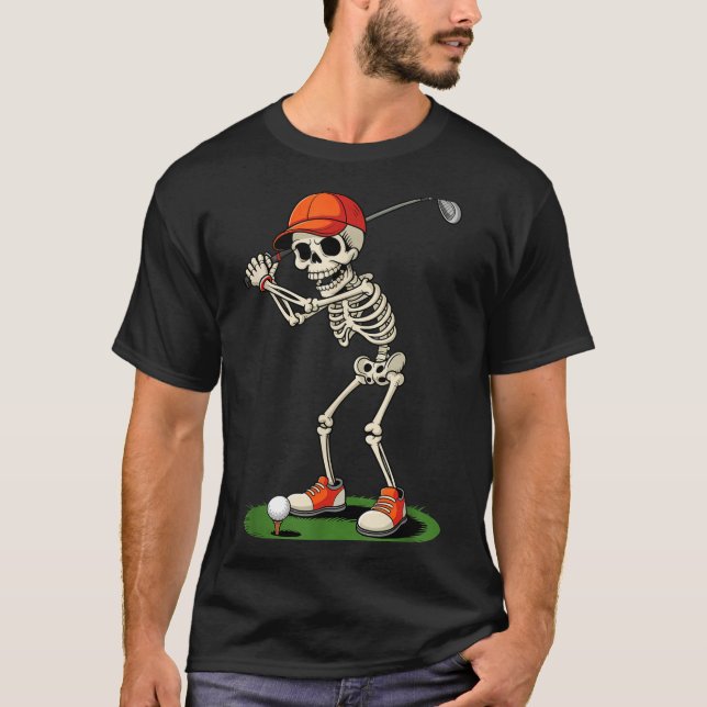 Camiseta Fato de Golfe de Esqueleto de Halloween Engraçado  (Frente)