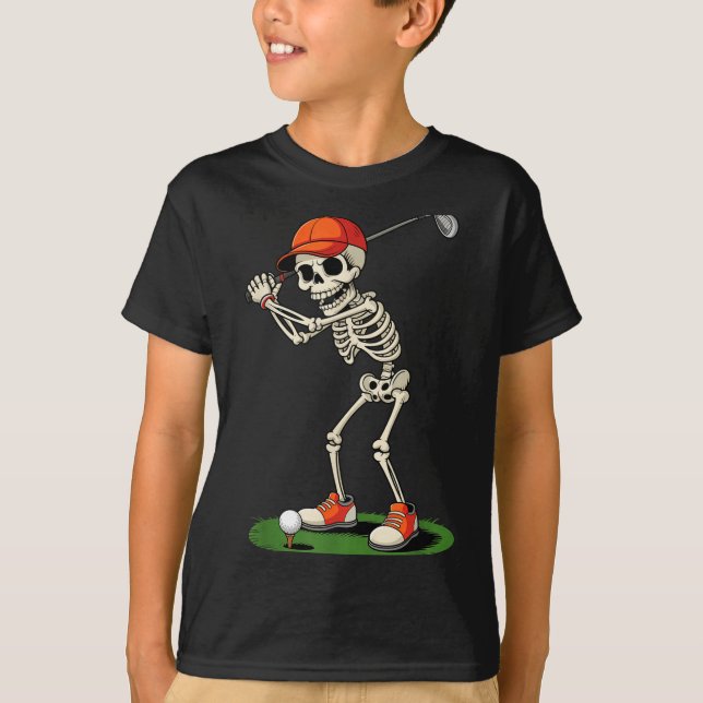 Camiseta Fato de Golfe de Esqueleto de Halloween Engraçado  (Frente)