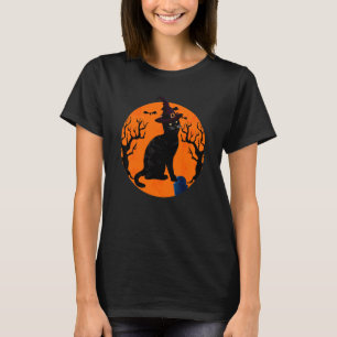 Camiseta Fato de Halloween de Gato Chapéu de Bruxa e Lua