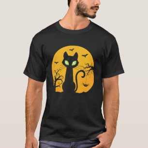 Camiseta Fato de Halloween de Gato Preto Vintage Lua Assust