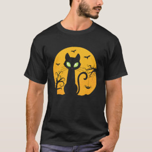 Camiseta Fato de Halloween de Gato Preto Vintage Lua Assust
