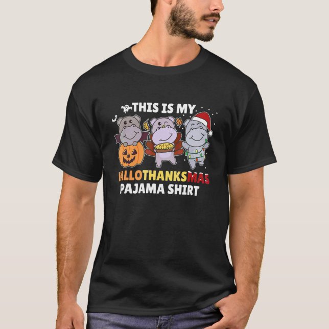 Camiseta Fato de Natal de Halloween de Hipopótamo Hallothan (Frente)
