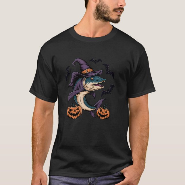Camiseta Fato de Peixe Barracuda para Halloween Abóbora Mor (Frente)