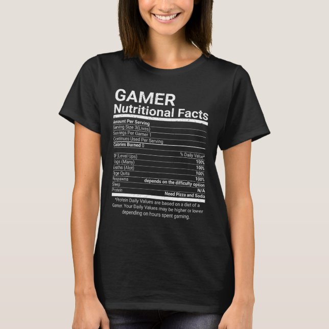 Camiseta Fatos de Nutrição do Gamer Video Games Nerd de Com (Frente)