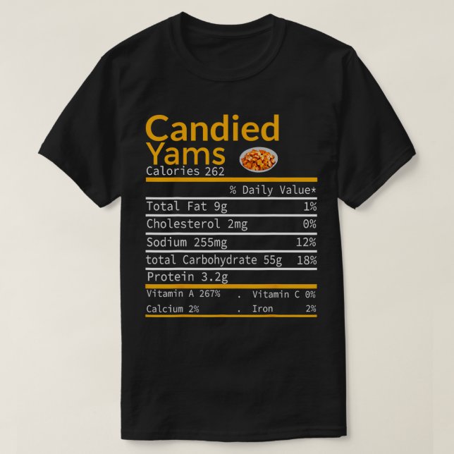 Camiseta Fatos Nutricionais de Yams Candies Fatos de Ação d (Frente do Design)