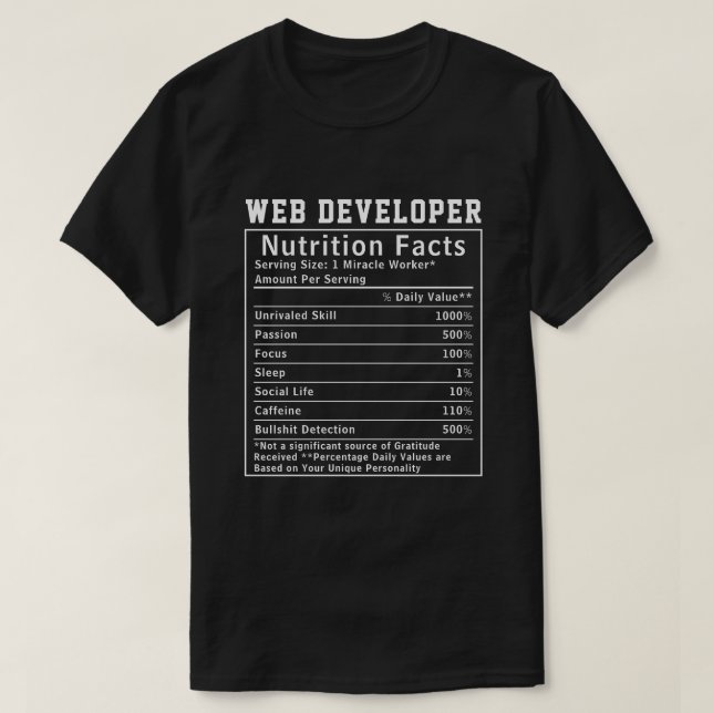 Camiseta Fatos Nutricionais Divertidos para Desenvolvedor W (Frente do Design)