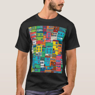 Camiseta favela urbana brasileira: fundo colorido.