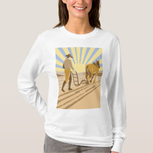 Camiseta Fazendeiro e Cavalo Arando Campo Sol Nascente Retr