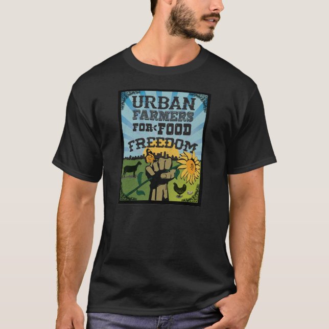 Camiseta Fazendeiros urbanos para a liberdade da comida (Frente)