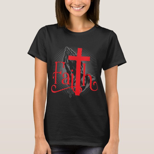 Camiseta Fé com a Cruz Cristã e mãos de Oração Jesus (Frente)