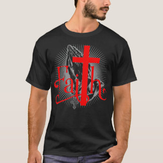 Camiseta Fé com a Cruz Cristã e mãos de Oração Jesus
