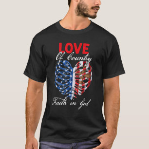 Camiseta Fé Cristã em Deus Coração Patriótico Cruz 4º o