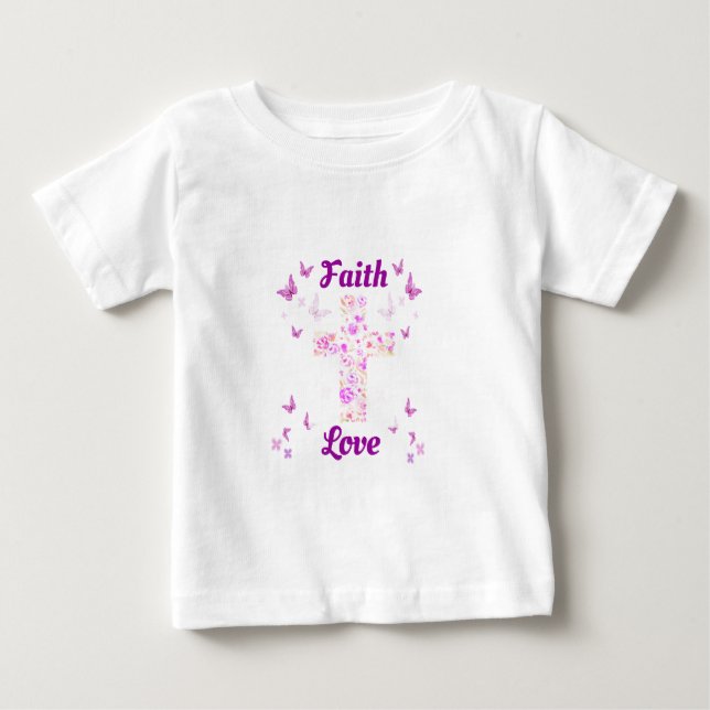 Camiseta Fé e Amor Cruz de Rosas com Butterflie Rosa (Frente)