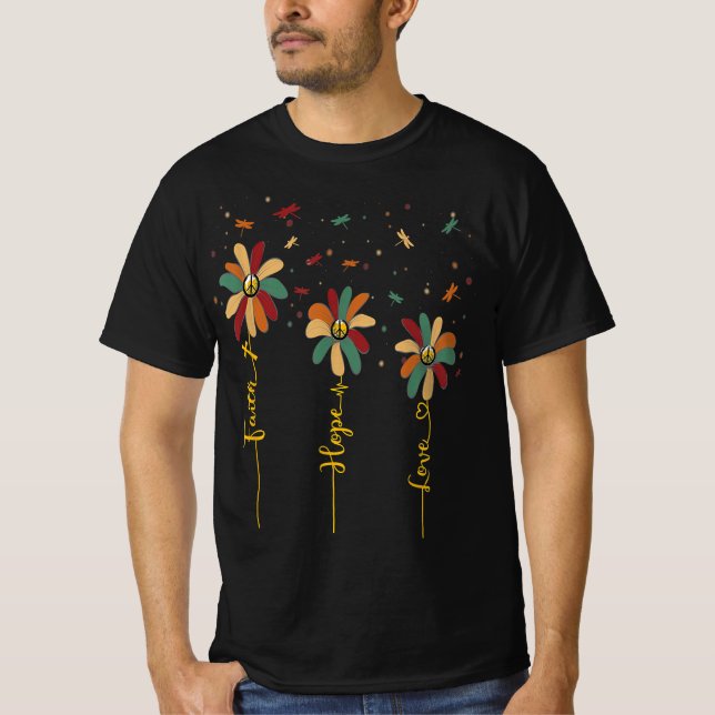 Camiseta Fé esperança ama sinal de paz Daisy dragonfly hipp (Frente)