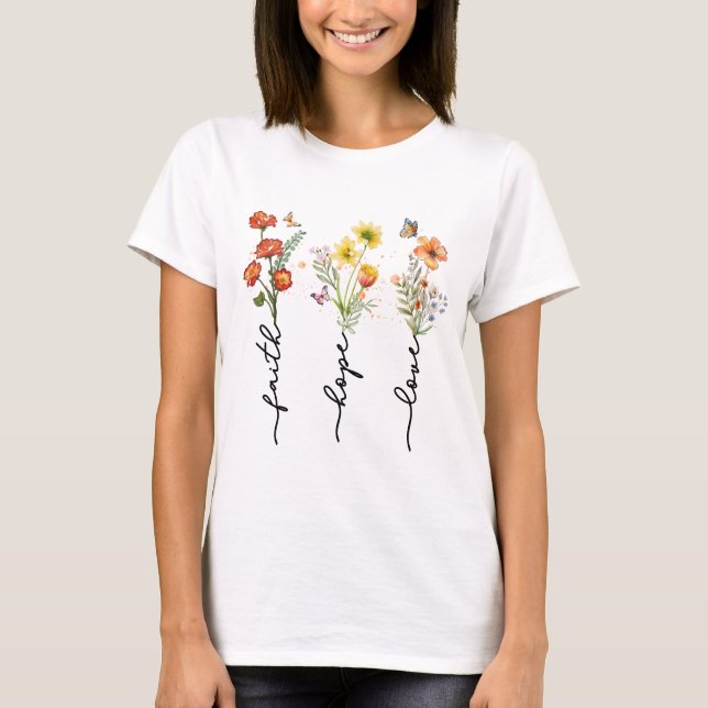 Camiseta Fé, esperança, amor - Cristão Inspirador Floral (Frente)