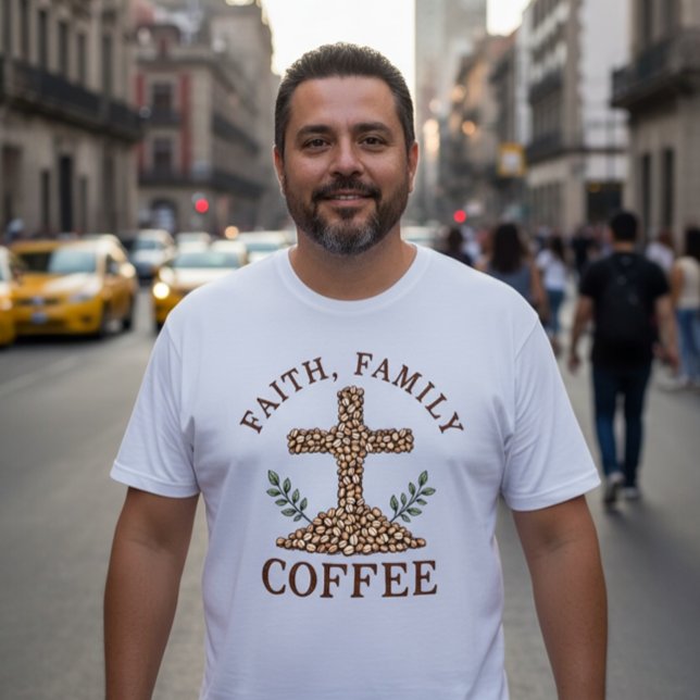 Camiseta Fé, Família, Café (Criador carregado)